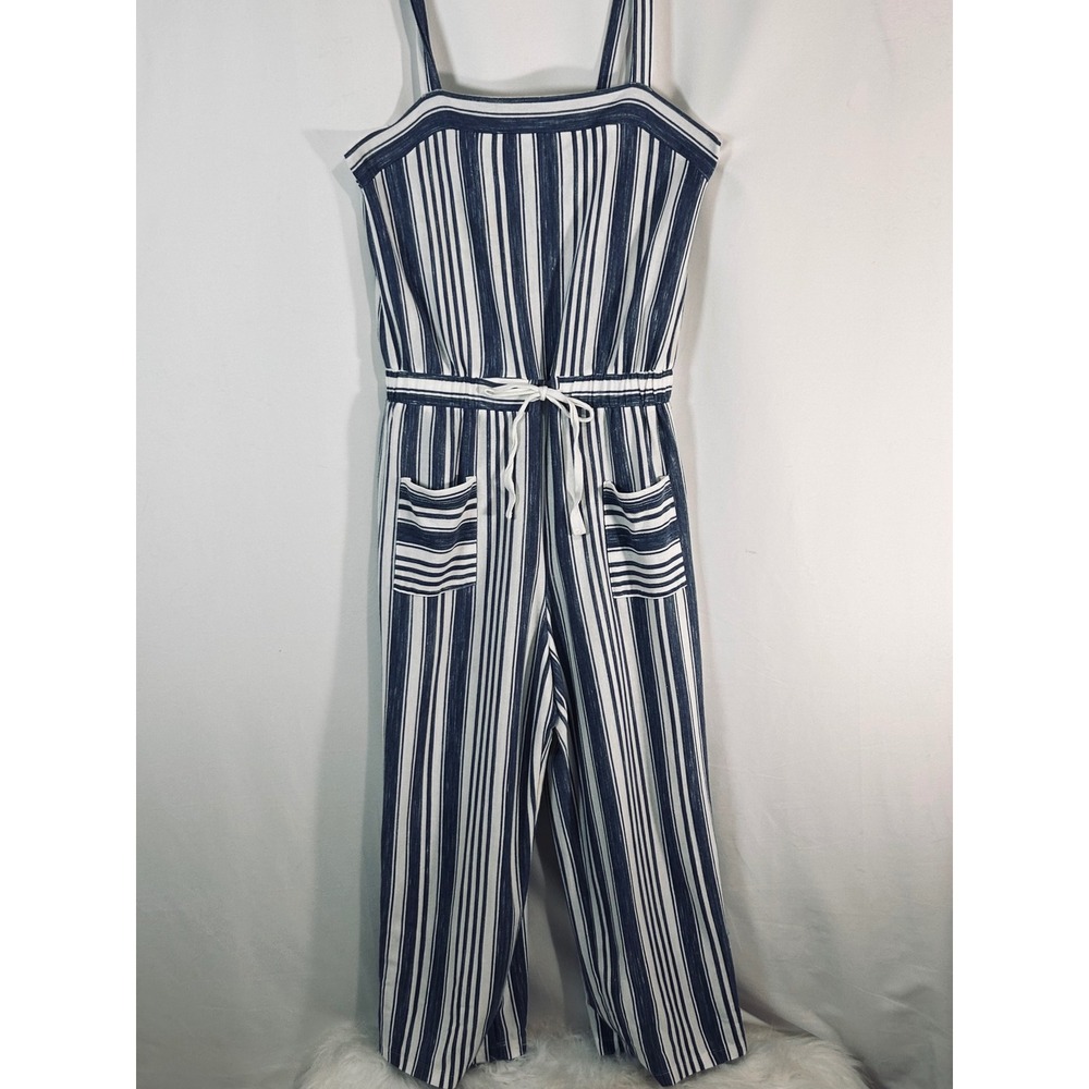 Copper Key Womens Navy White Striped Wide Leg Jumpsuit Size L Drawstring‎ Pocket